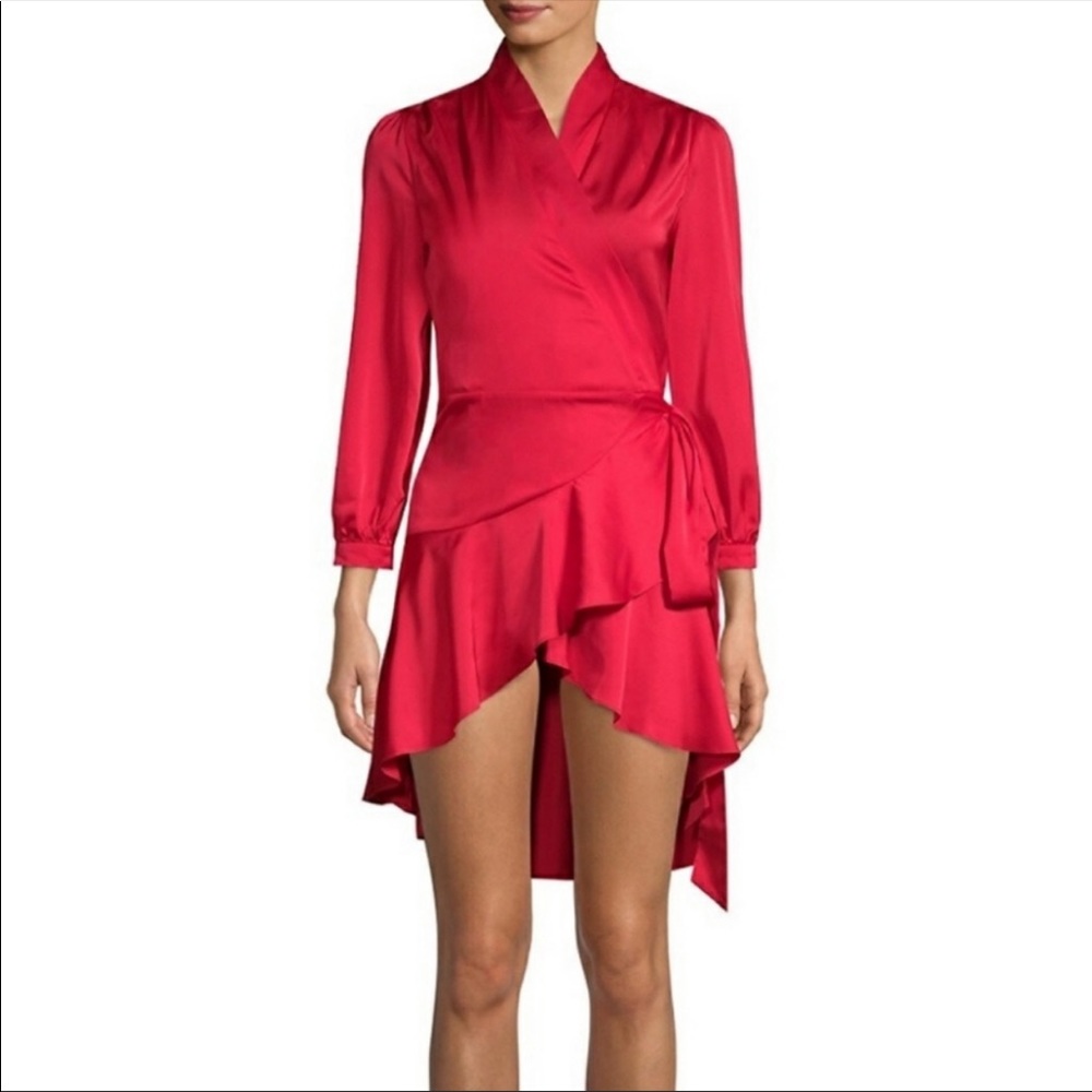 FEW MODA Satin Wrap Asymmetrical High Low Long Sleeve Ruffle Dress
